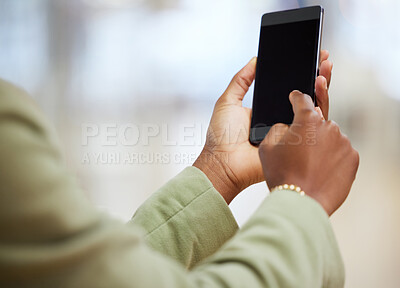 Buy stock photo Woman, hands and phone mockup screen for communication, social media or online networking indoors. Hand of female person on mobile smartphone app for chatting, browsing or texting on mock up display