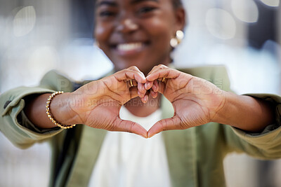 Buy stock photo Black woman, hands and heart for love, small business and gesture for motivation and unity. Creative, company and emoji for support of local, employee and female person for mindset and happiness