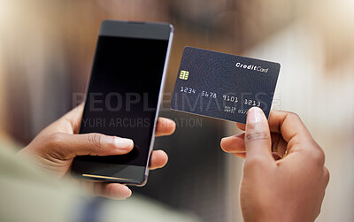 Buy stock photo Woman, hands and phone with credit card for payment, online banking or shopping on mockup screen. Hand of female person on mobile smartphone for bank app, ecommerce or purchase on mock up display
