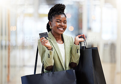 Buy stock photo Black woman, portrait and credit card with shopping bag for payment, ecommerce or banking at the mall. Happy African female person or shopper smiling with debit for bank, buy or electronic purchase