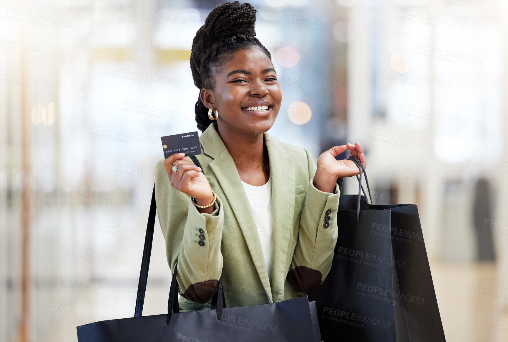 Buy stock photo Black woman, credit card and shopping bag for payment, ecommerce or banking at the mall. Portrait of happy African female person or shopper smile for bank, discount or sale in online purchase or buy