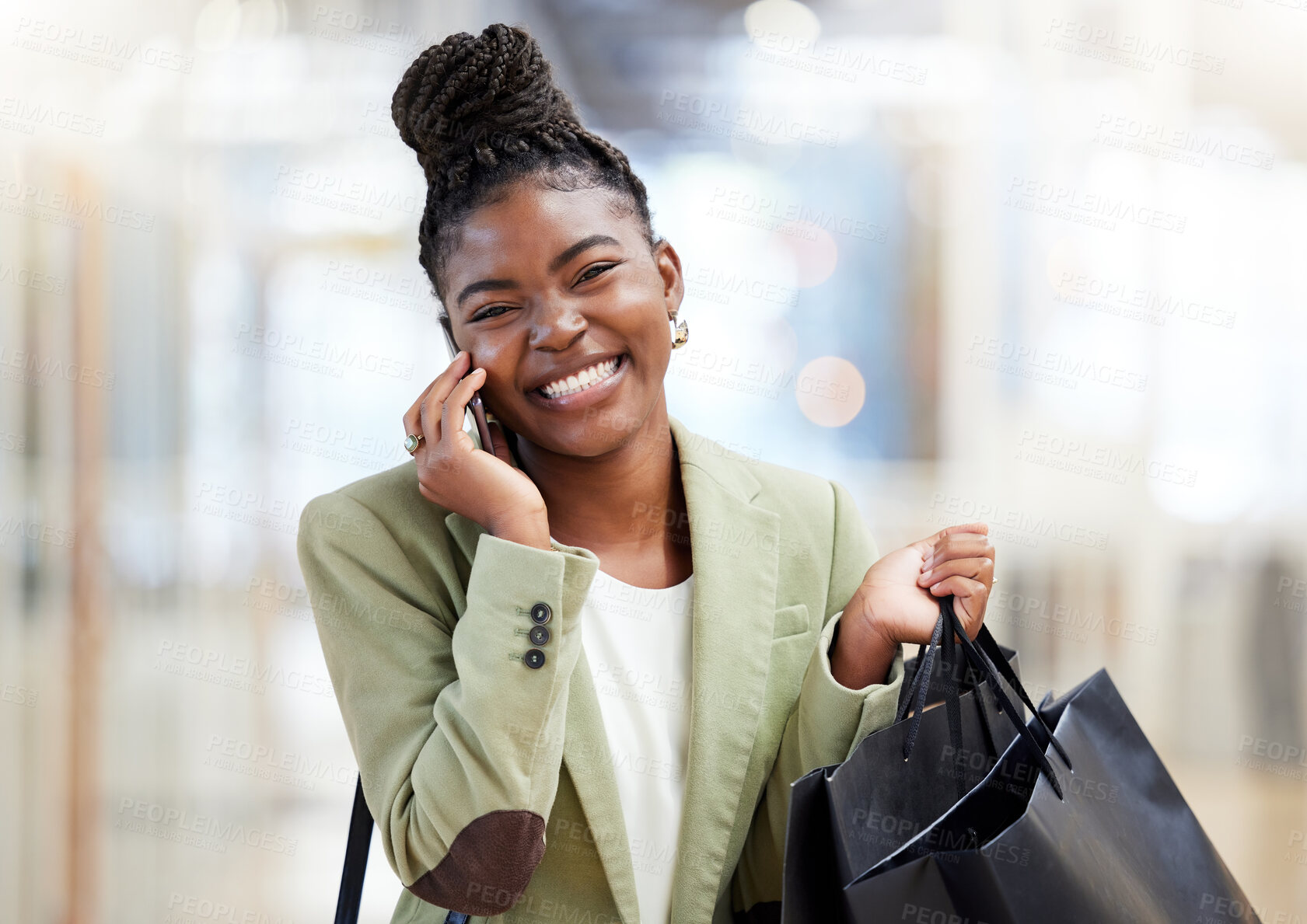 Buy stock photo Black woman, phone call and portrait for shopping bags in mall with retail package, clothes boutique and conversation. African female customer, mobile and gift for luxury fashion sale with ecommerce