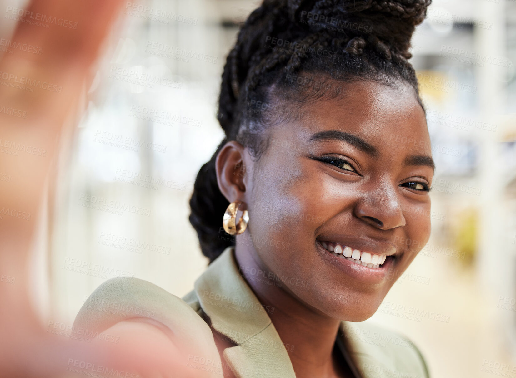 Buy stock photo Black woman, face selfie and happy for social media with profile picture, online connection and app post. African female person, portrait photograph and smile in store for memory and live streaming