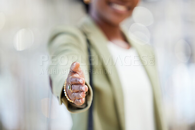 Buy stock photo Business woman, handshake and welcome for hiring, introduction or b2b agreement in meeting or deal at the office. Hand of female person or employee shaking hands for recruiting, greeting or thank you