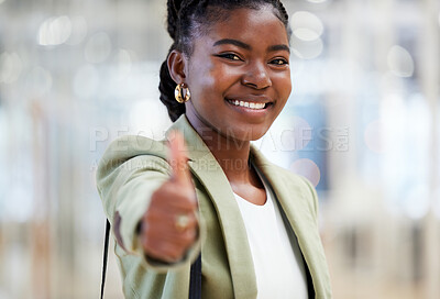 Buy stock photo Business woman, portrait smile and thumbs up for winning, success or good job at the office. Happy African female person smiling with thumb emoji, yes sign or like for win or approval at workplace