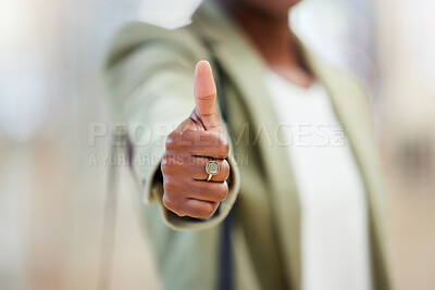 Buy stock photo Business woman, hands and thumbs up for winning, success or good job in approval at office. Hand of female person showing thumb emoji, yes sign or like for motivation, win or promotion at workplace