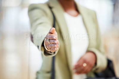 Buy stock photo Business woman, handshake and meeting for introduction, hiring or welcome in b2b agreement or deal at the office. Hand of female person or employee shaking hands for recruiting, greeting or thank you