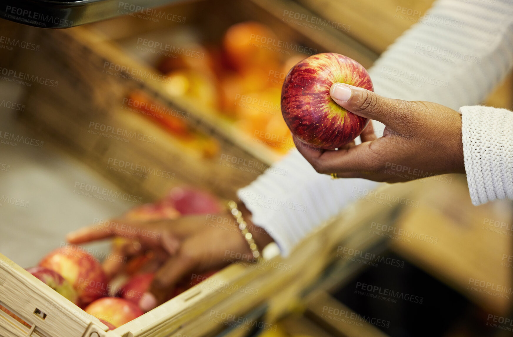 Buy stock photo Apple, choice and grocery for shopping person, fruits and supermarket for retail and customer. Vegan, healthy and ingredients for female person, market and fresh or organic food choice for diet