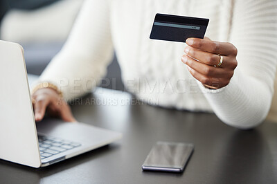 Buy stock photo Woman, hands and laptop with credit card for payment, online shopping or finance on office desk. Hand of female person or shopper on computer for banking app, purchase or ecommerce at the workplace