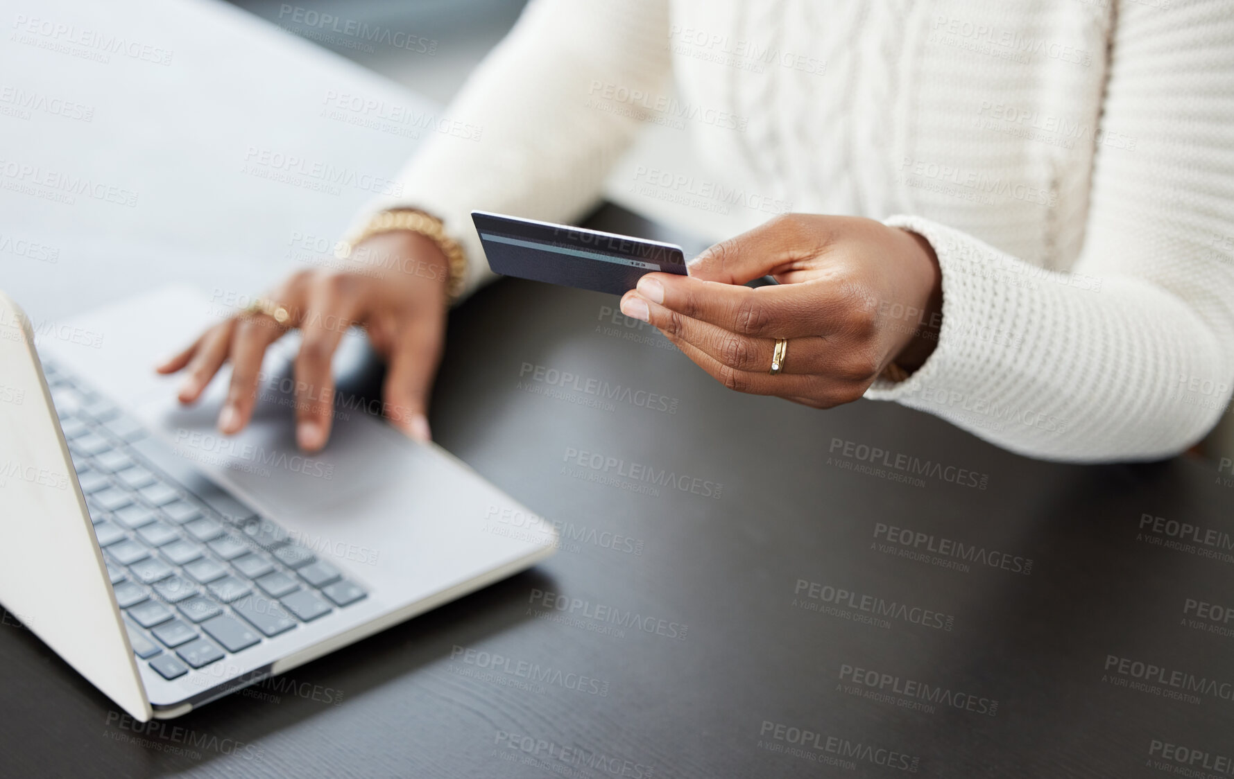 Buy stock photo Woman, hands and laptop with credit card for online shopping, payment or finance on office desk. Hand of female person or shopper on computer for banking app, purchase or ecommerce at the workplace