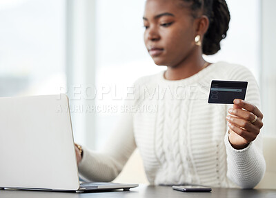 Buy stock photo Black woman, laptop and credit card for payment, online shopping or finance on the office desk. African female person or shopper on computer for banking app, purchase or ecommerce at the workplace