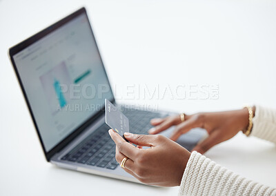 Buy stock photo Woman, hands and laptop with credit card for ecommerce, payment or finance on website mockup. Hand of female person or shopper on computer for banking app, purchase or online shopping at workplace