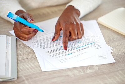 Buy stock photo Closeup, hands and black woman with documents, notes and lawyer checking contract, highlight and reading. Zoom, female person or employee with paperwork, learning and agreement with deal and feedback