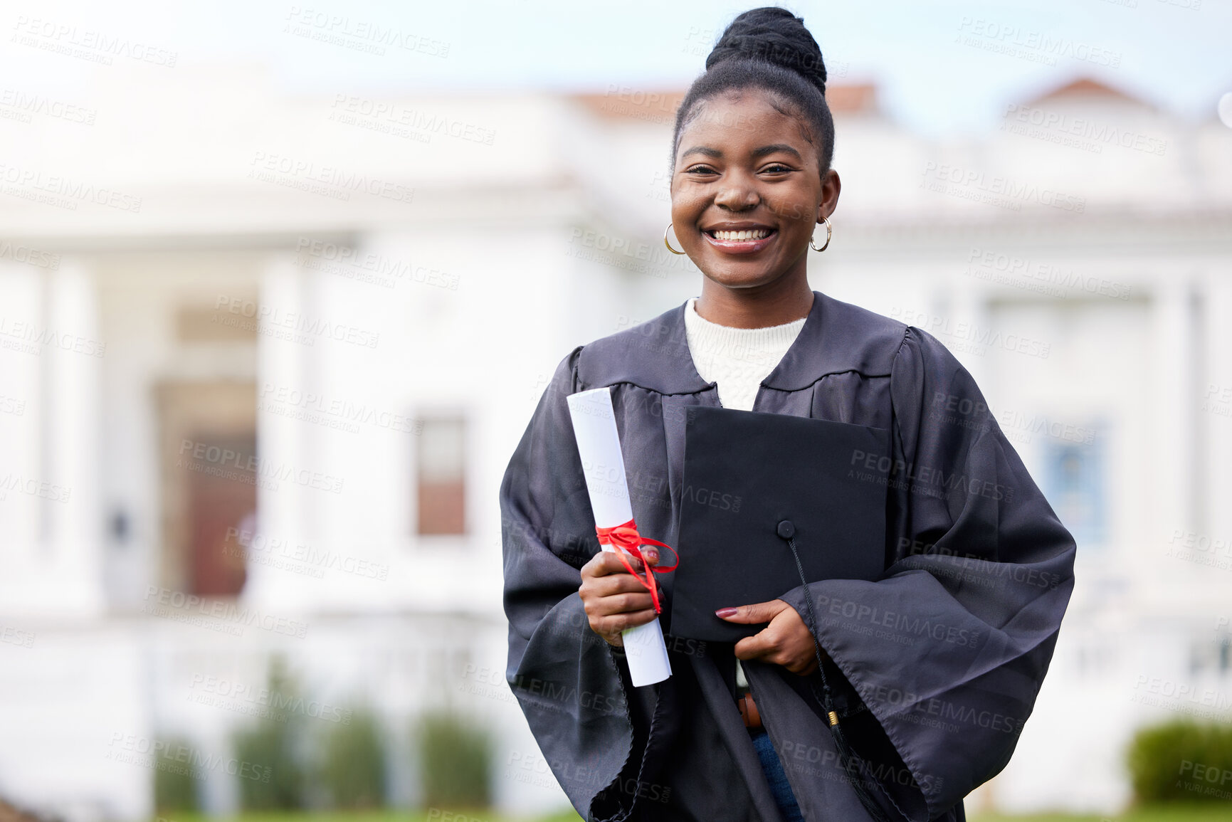 Buy stock photo University, portrait or happy black woman at campus for graduation, event or phd, certificate or diploma success outdoor. Education, college or gen z student smile for future, career or learning goal