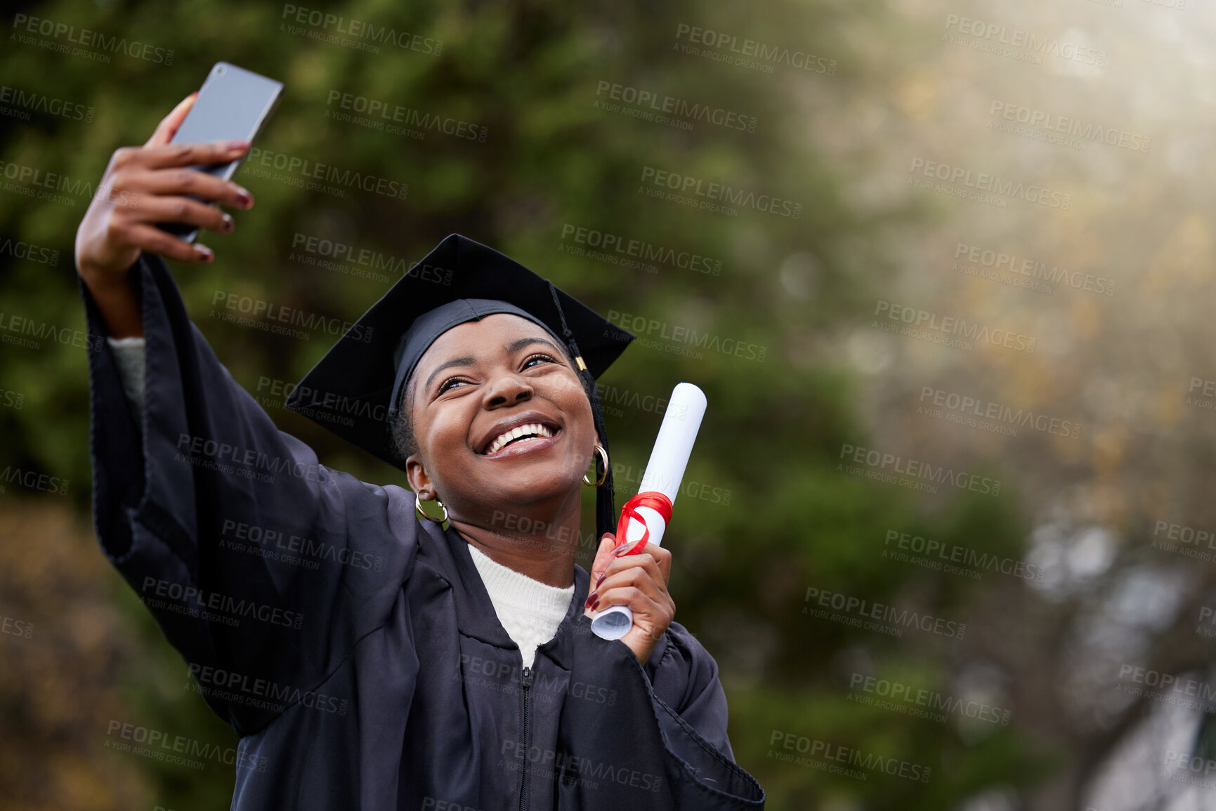 Buy stock photo Black girl, selfie and diploma for graduation in outdoor, certificate and college or education achievement. Female person, student and degree for learning award, scroll and social media at university