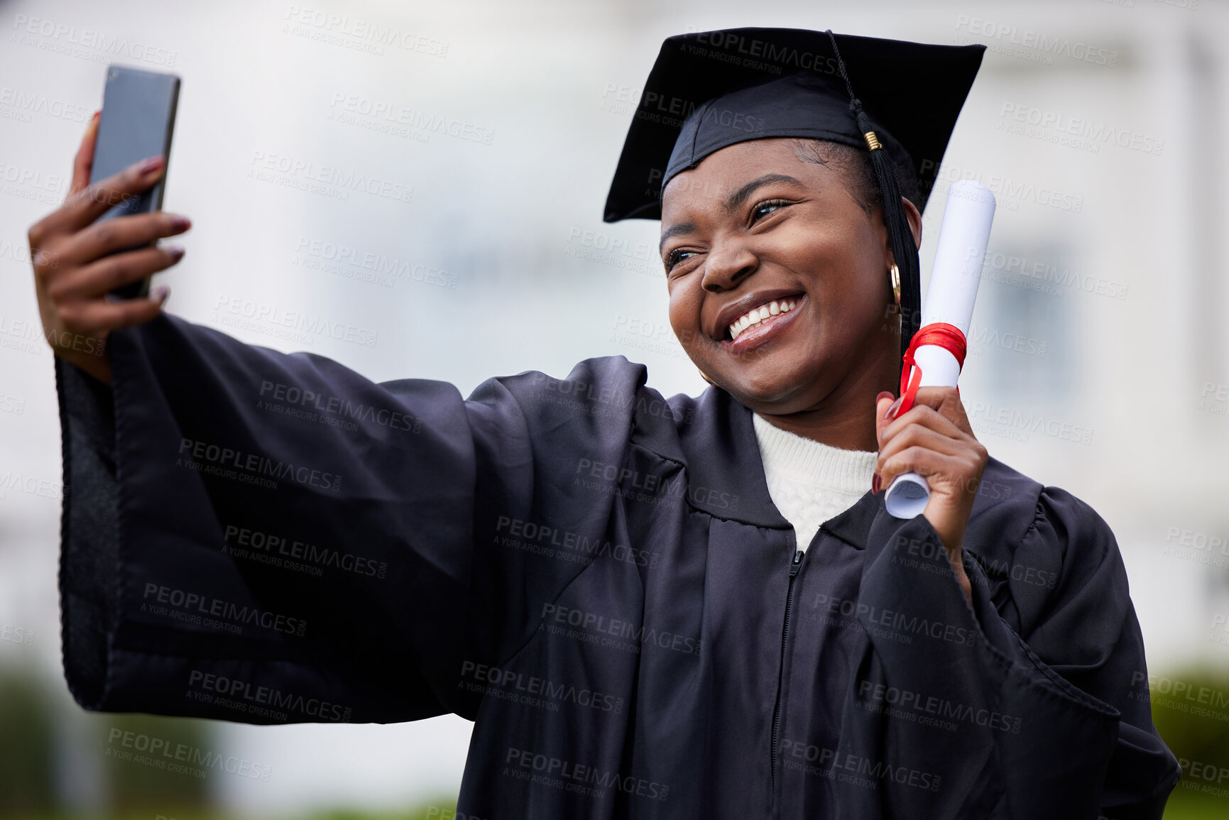 Buy stock photo Black girl, selfie and scroll for graduation in outdoor, certificate and college or education achievement. Female person, student and diploma for learning award, update and social media at university