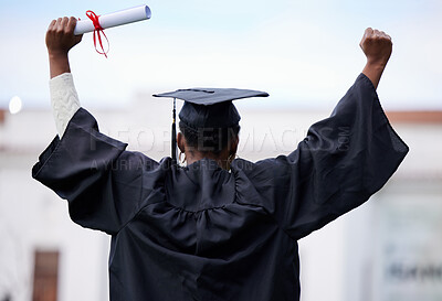 Buy stock photo Back, education and black woman with graduation, celebration and success with a diploma. Female person, graduate and girl with a degree, achievement and university with a certificate and knowledge