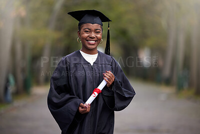 Buy stock photo Black girl, portrait and diploma for graduation in outdoor, certificate and college or education achievement. Female person, student and degree for learning, scroll and campus ceremony at university