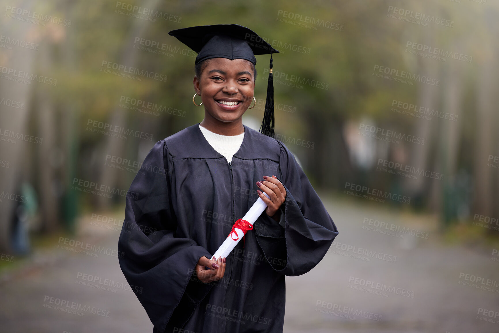 Buy stock photo Black girl, portrait and diploma for graduation in outdoor, certificate and college or education achievement. Female person, student and degree for learning, scroll and campus ceremony at university