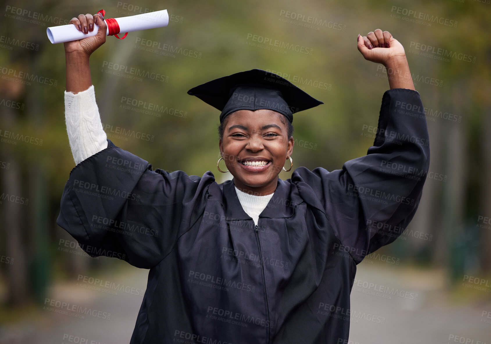 Buy stock photo Black girl, celebrate and portrait for graduation in outdoor, certificate and college or education achievement. Female person, student and diploma for learning, scroll and ceremony at university