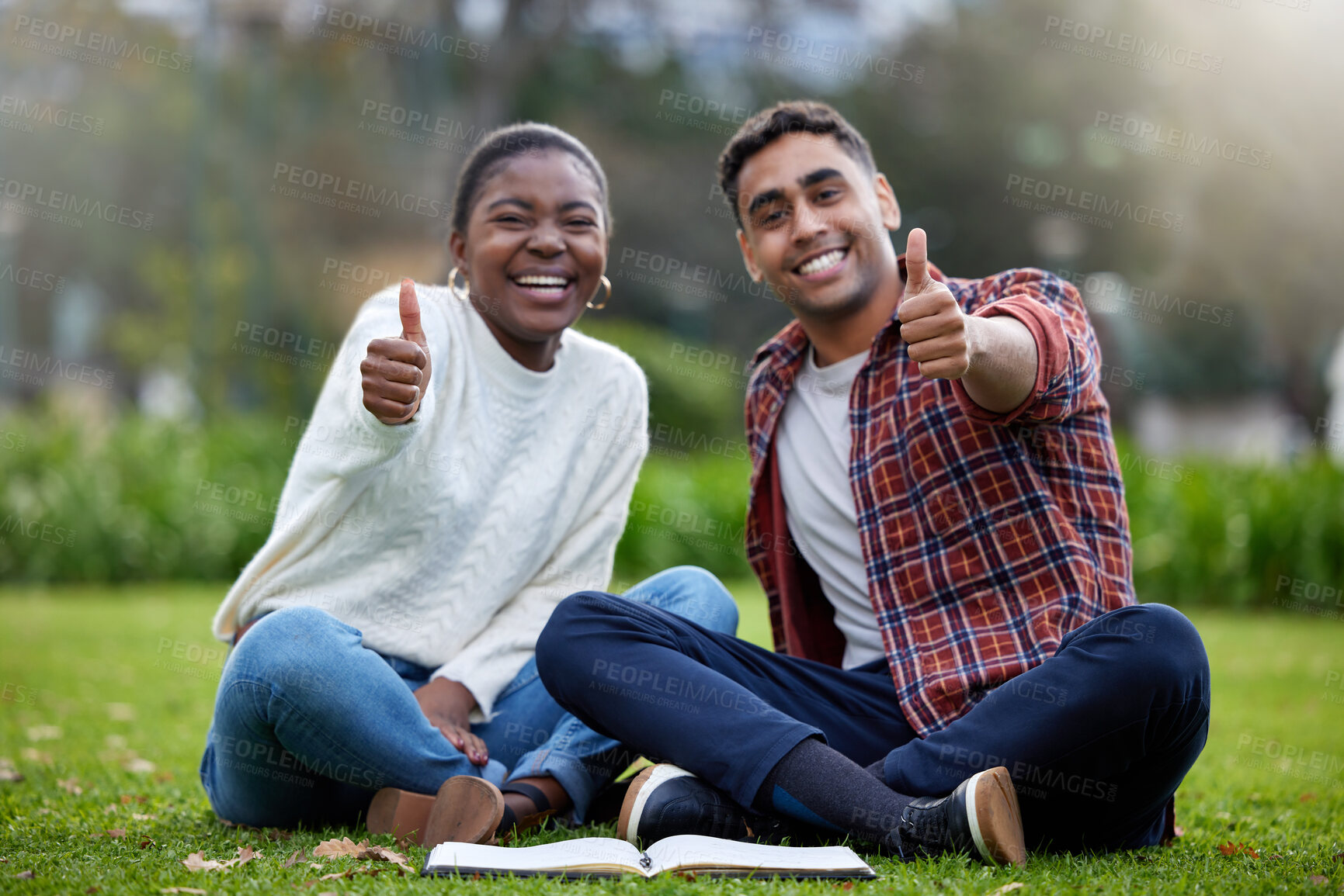Buy stock photo Portrait, students and friends with thumbs up, park or relax on grass, knowledge or promotion for university. Face, outdoor and man with woman with hand gesture, icon or like with symbol and sign