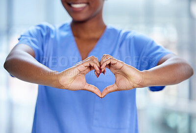Buy stock photo Closeup, black woman and doctor with a heart hands, support and care with happiness, charity and innovation. Female person, medical professional and employee with love symbol, solidarity and feedback