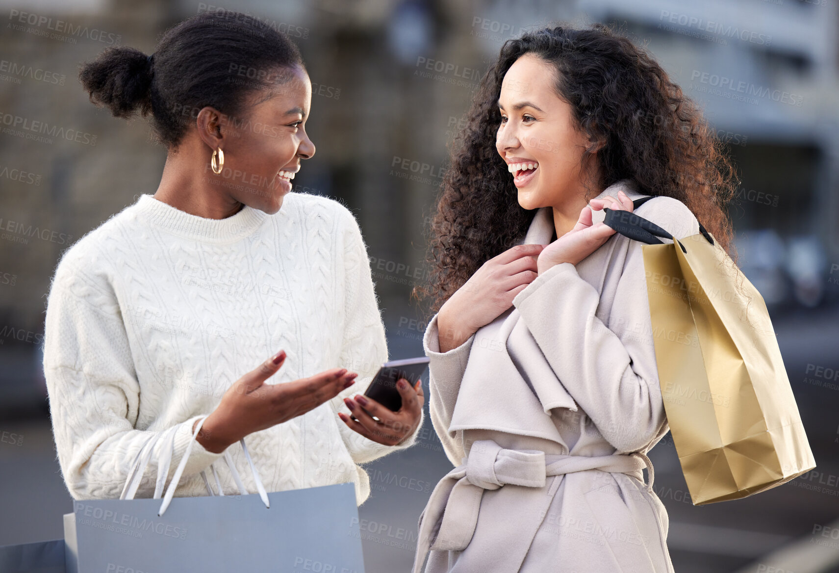 Buy stock photo Woman, shopping bag and happy with smartphone in city, online sales and friends laughing or smile for retail deal. Discount, technology and urban down town, fashion and research on social media app