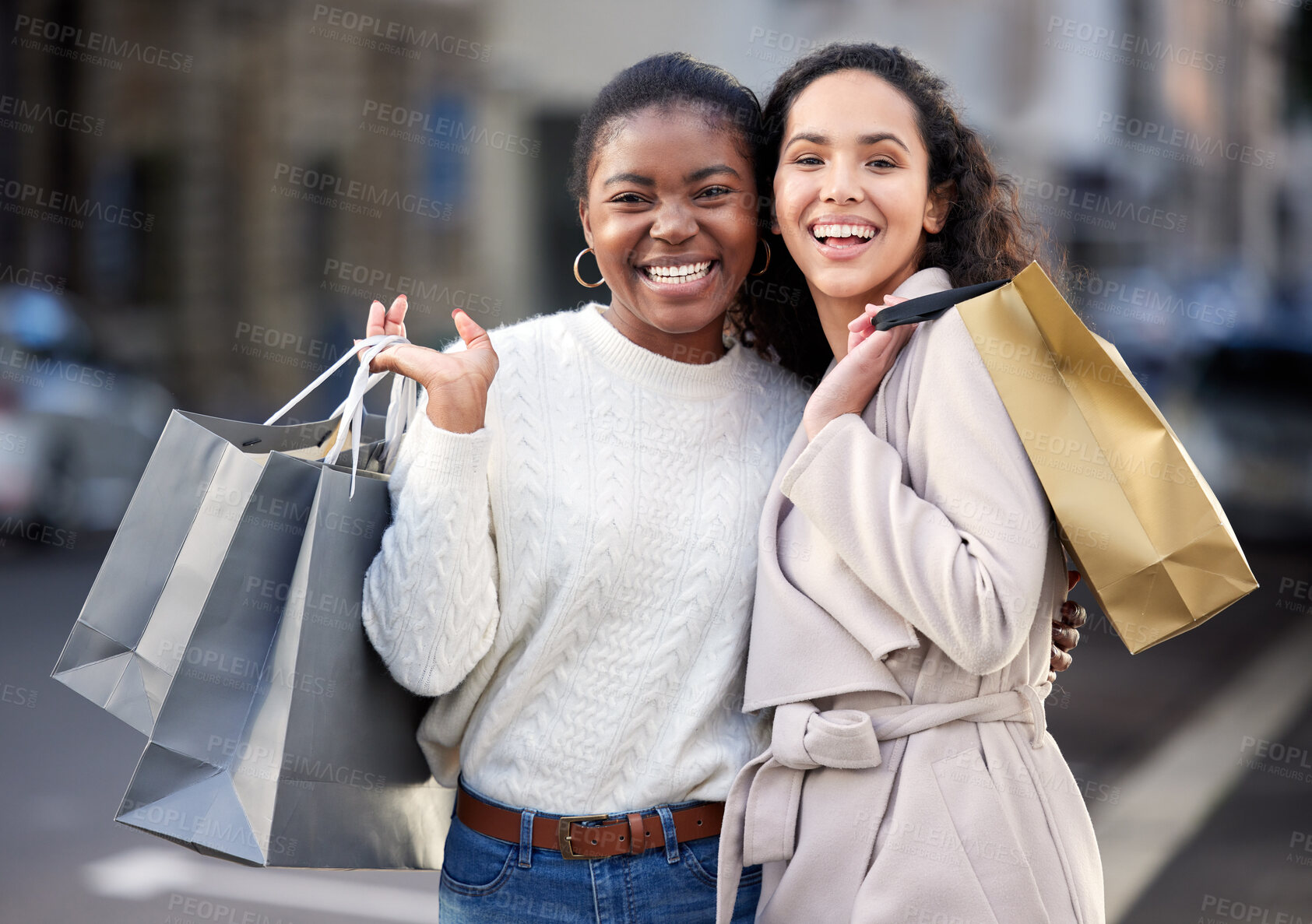 Buy stock photo Woman, shopping bag and happy portrait in city, sales and friends laughing or smile for retail deal or promotion. Discount, consumer and urban down town, fashion and research on social media app
