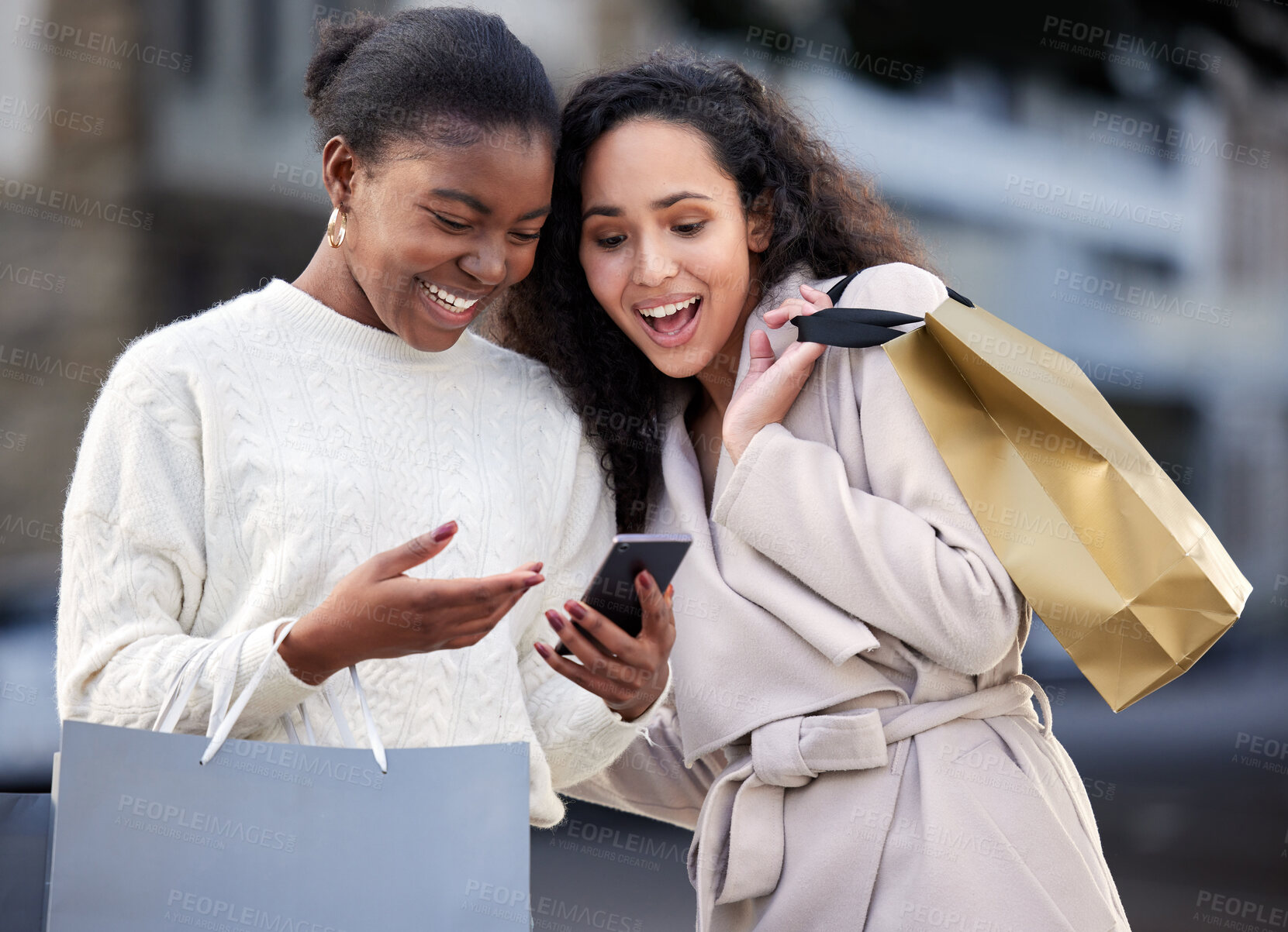 Buy stock photo Woman, shopping bag and smile with smartphone in city, online sales and friends laughing or happy for retail deal. Discount, technology and urban down town, fashion and research on social media app