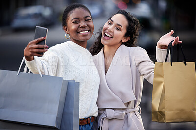 Buy stock photo Woman, shopping and happy selfie in city, online sales and friends laughing or smile for retail deal. Discount, technology and down town, blog and social media post on internet app with consumer