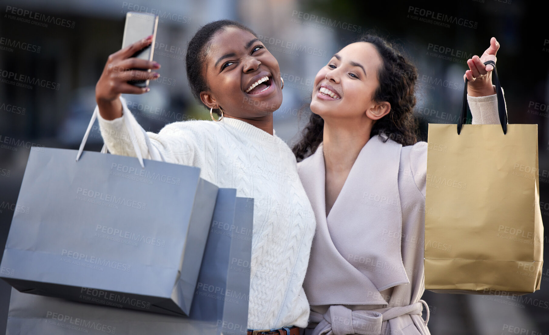 Buy stock photo Woman, shopping and happy selfie in city, online sales and friends laughing or smile for retail deal. Discount, excited and photo down town, blog and social media post on internet app with consumer