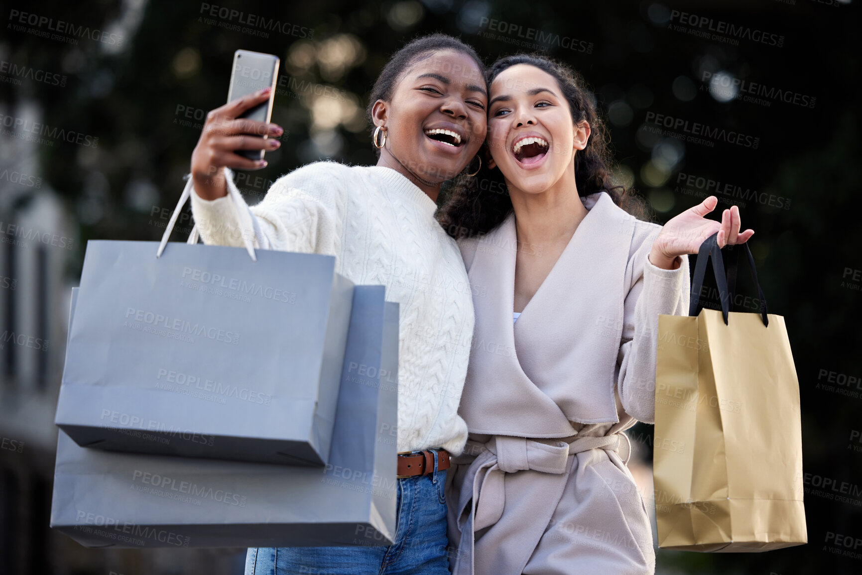 Buy stock photo Woman, shopping and smile selfie in city, online sales and friends laughing or happy for retail deal. Discount, technology and down town, blog and social media post on internet app with consumer