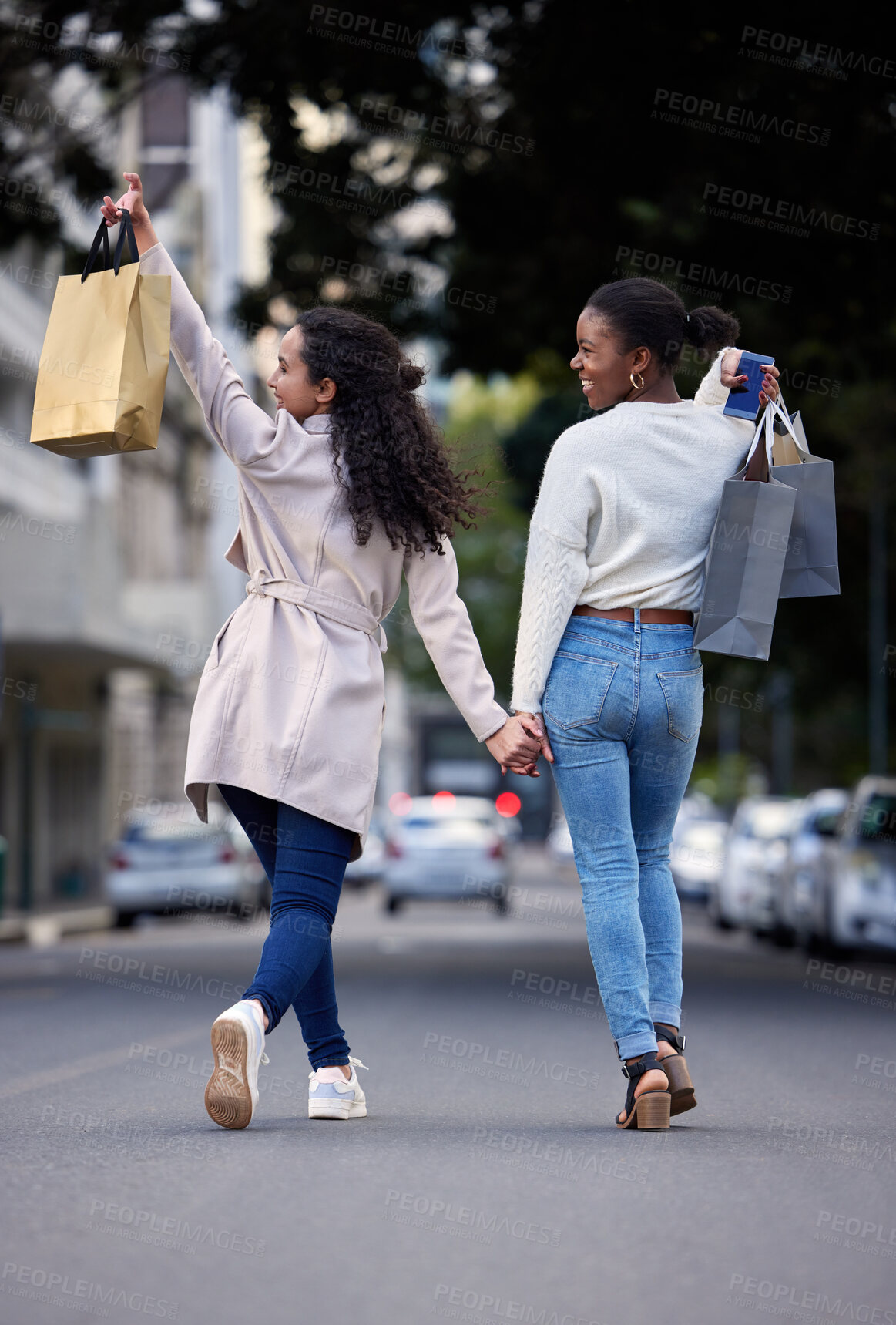 Buy stock photo Woman, shopping bag and outside or back, sales and friends laughing or smile for retail deal or promotion. Discount, consumer and urban down town, shopper and buyers walking outside in street