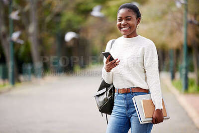 Buy stock photo Portrait, phone and mock up with a student black woman on her commute to university campus for education. Mobile, social media and study material with a female college pupil checking her next lecture