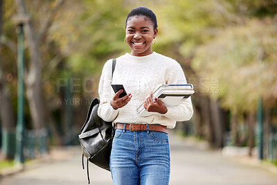 Buy stock photo Portrait, phone and books with a student black woman on her commute to university campus for education. Mobile, social media and contact with a female college pupil checking for her next lecture