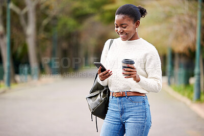 Buy stock photo Phone, coffee and mockup with a student black woman on her commute to university campus for education. Mobile, social media and learning with a female college pupil checking her study schedule
