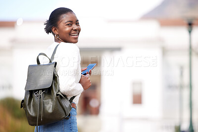 Buy stock photo Black woman, phone and portrait of student at college, university or person ready for learning, goals or education. Girl, face and happy learner studying on campus or walking outdoor with backpack