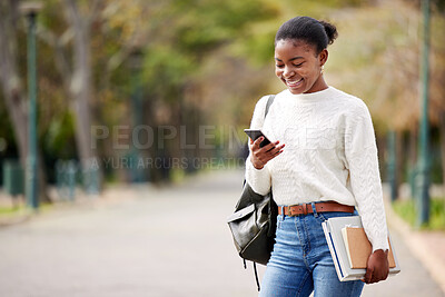 Buy stock photo Phone, books and mockup with a student black woman on her commute to university campus for education. Mobile, social media and schedule with a female college pupil checking for her next lecture