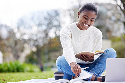 Buy stock photo Woman, reading and laptop in the outdoor at college for an education in africa with books. Female student, university and tech with a notebook at the park for knowledge and research for phd.