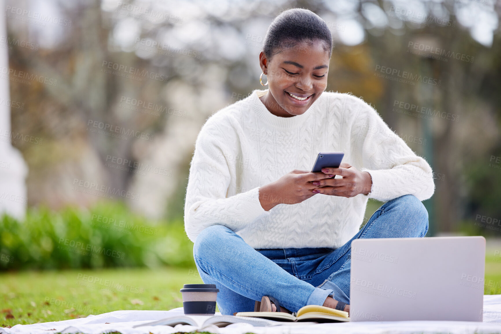 Buy stock photo Woman, smartphone and outside texting with student, contact and education online conversation. Sitting, reading and happy for scholarship notification, break and university campus or elearning chat