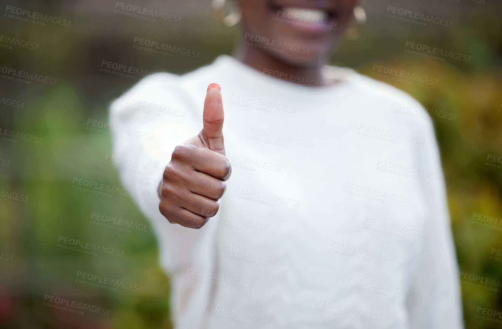 Buy stock photo Woman, thumbs up and student hand outside for agreement, scholarship and campus with ok gesture for support. Education, achievement and park for study goals, university or college for learning
