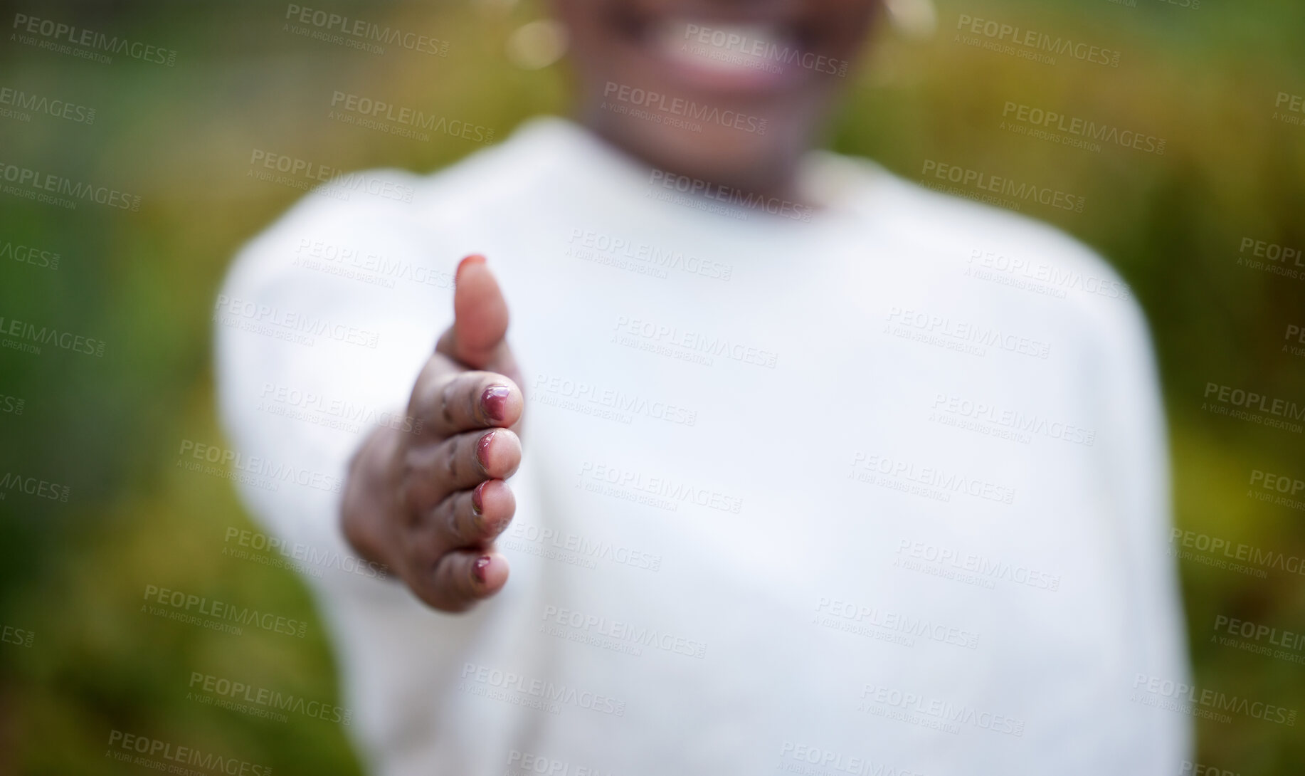 Buy stock photo Woman, handshake and greeting gesture outside, welcome and introduction for students programme or scholarship. Academic, university or college person for education, learning and meeting on campus
