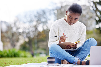 Buy stock photo Female student, laptop and writing in notebook at park for college with knowledge in a close up. Woman, studying and  book with tech in the outdoor for an education at university with learning.