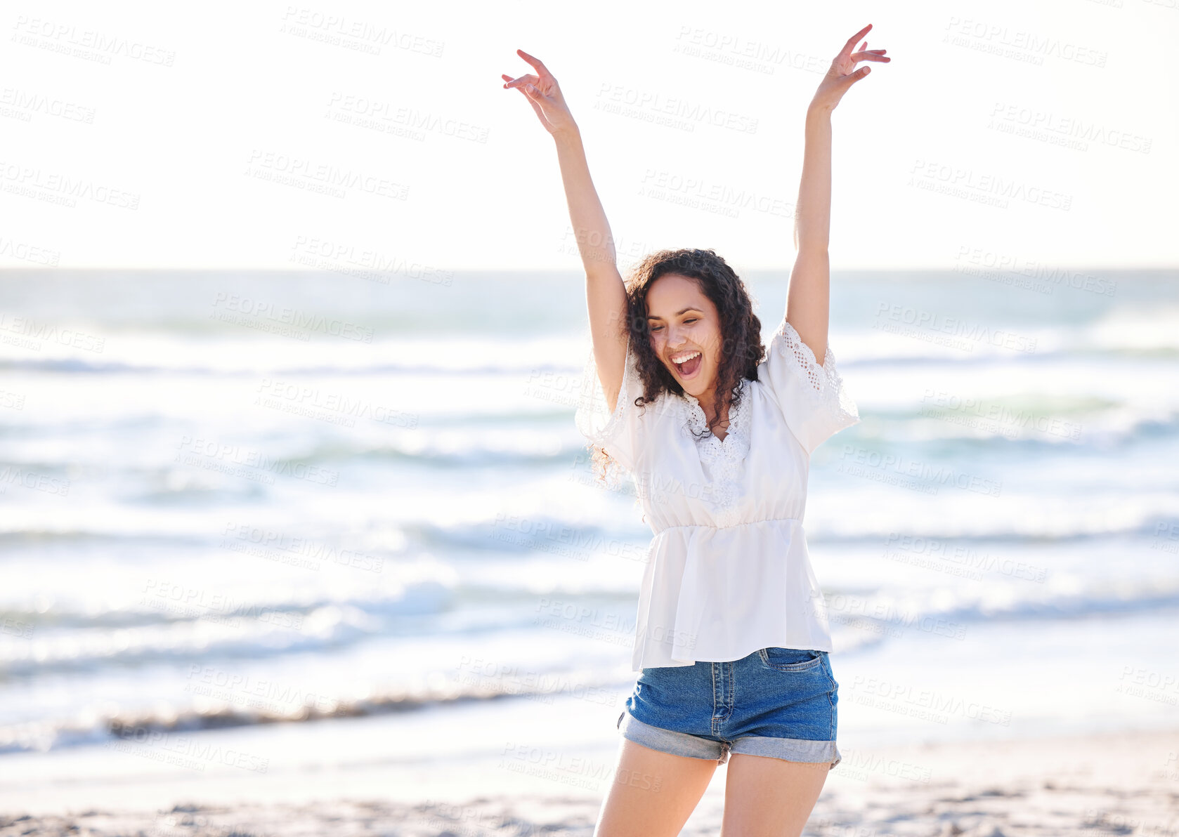 Buy stock photo Beach, seaside and freedom of woman in vacation, adventure and weekend holiday in Mauritius. Outdoor, happiness and female traveler in ocean for water activities, relaxation and peace in summer