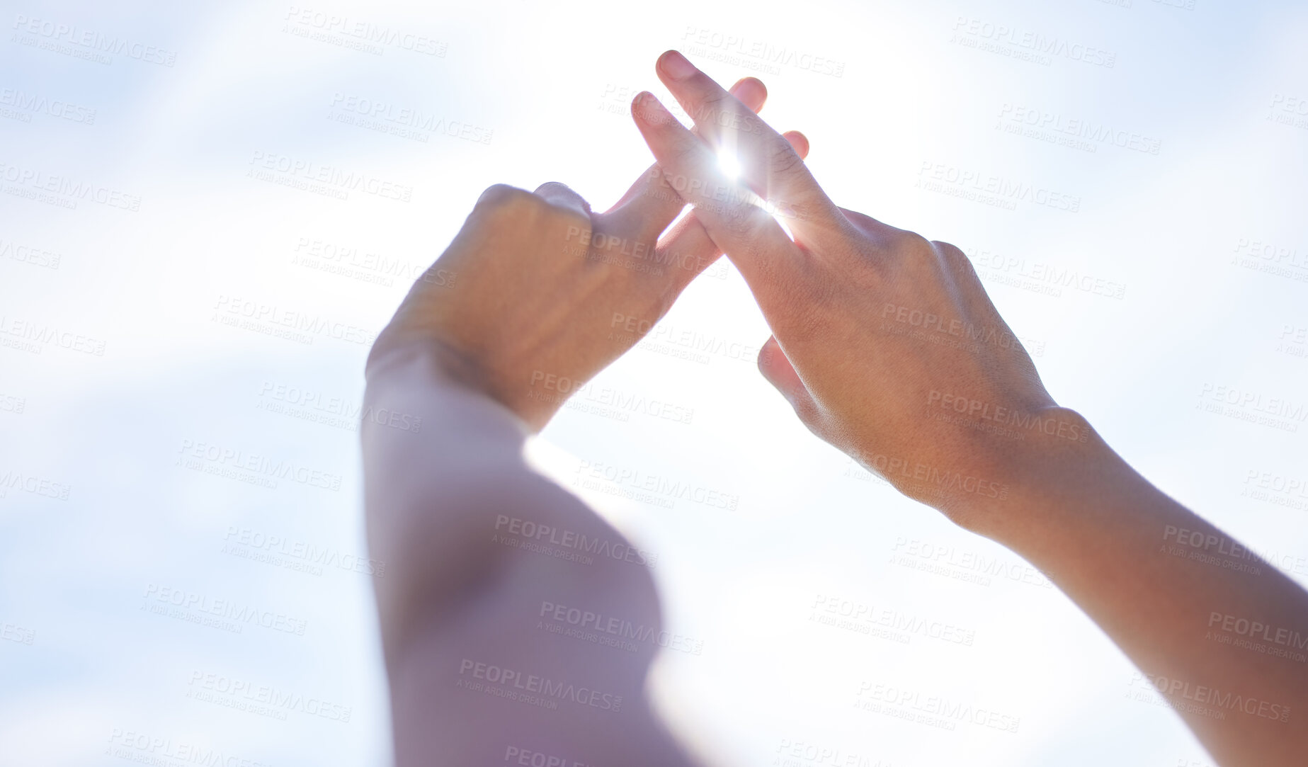 Buy stock photo Person, hand and gesture for sun in blue sky in nature, social media and online sign for creative content creation. Peace, summer vacation and people or hashtag fingers, frame and sunshine light