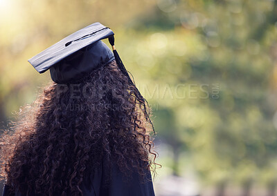 Buy stock photo Graduation cap, student back and woman for university, education or school success, job search and success. College graduate or person for scholarship, diploma or study achievement on campus or park