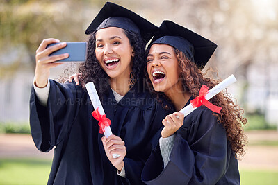 Buy stock photo Graduation, photo and students celebrating academic achievement or graduates together with joy on happy day and outdoors. Friends, certificate and success for degree or excitement and campus picture
