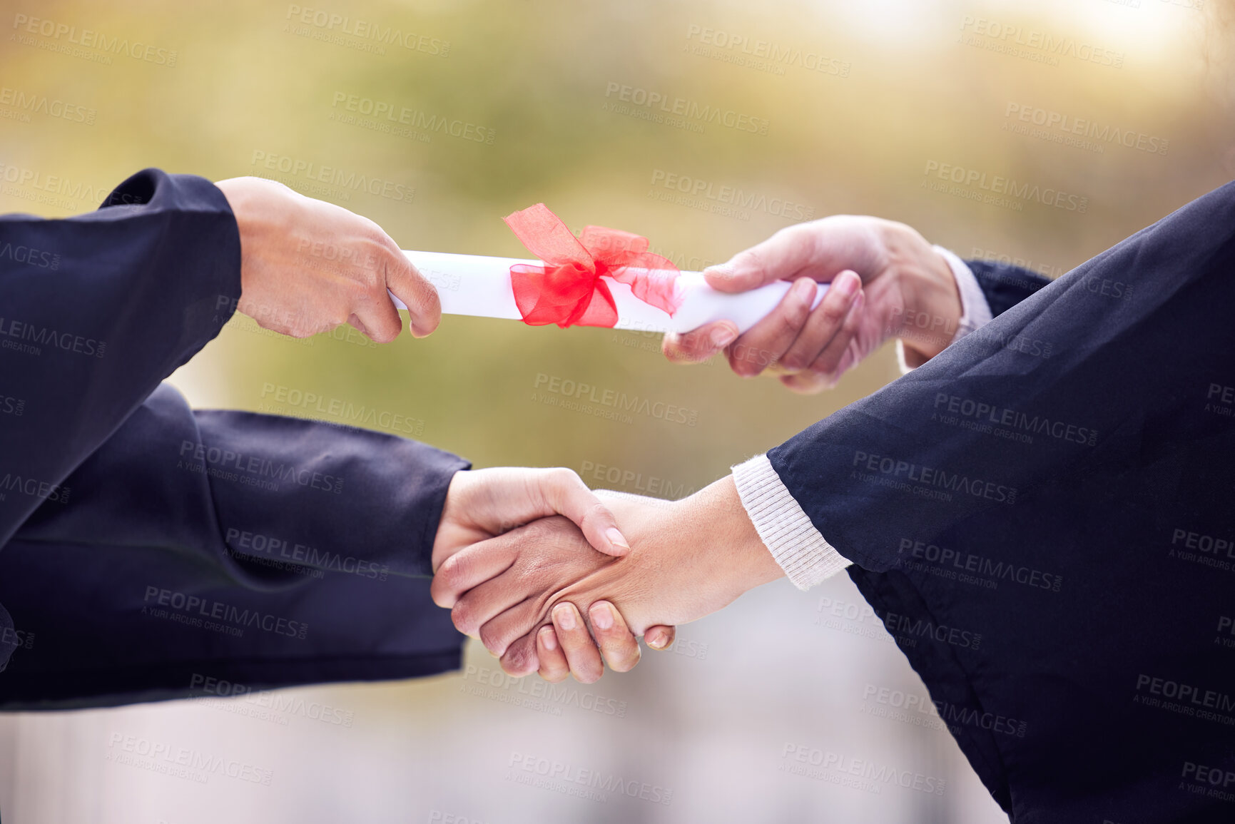 Buy stock photo Giving, diploma and people handshake in graduation success, congratulations or thank you. University students, graduate or person shaking hands for certificate, award and scholarship event in closeup