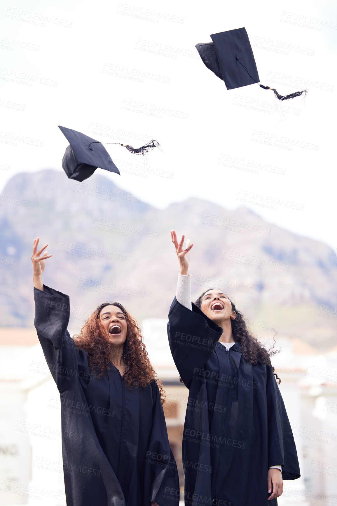 Buy stock photo Graduation cap, excited friends and throw in air for celebration, study success and achievement on campus. University students, happy people or women celebrate for college, school and education 