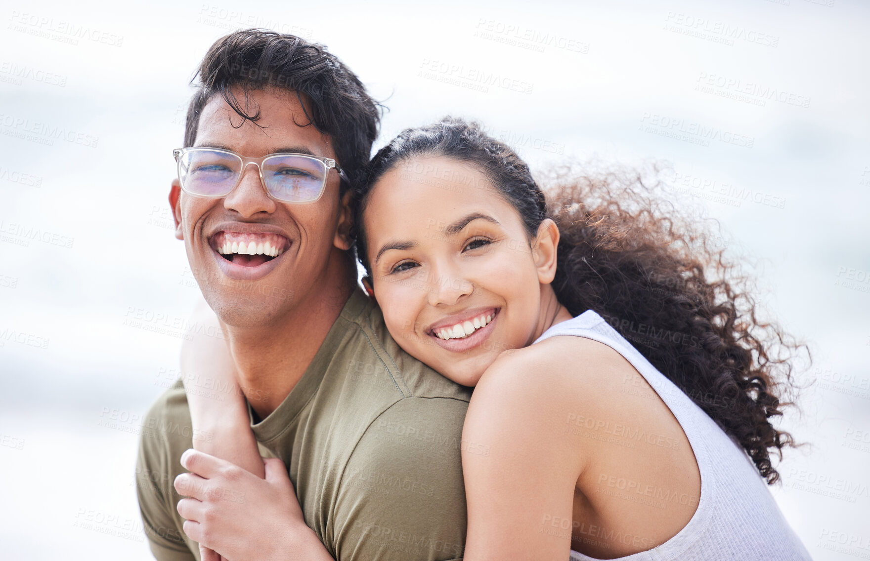 Buy stock photo Couple, beach and portrait vacation together, seaside trip and smile for travel or peace for summer break. Romantic, nature and ocean date or adventure, quality time and relax for outdoor love